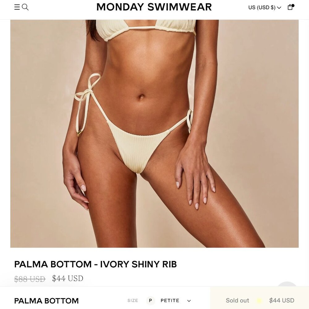 NWT Monday Swimwear Palma Bottom โ Petite (P) โจ Ivory (Shiny Rib) - Picture 2 of 10